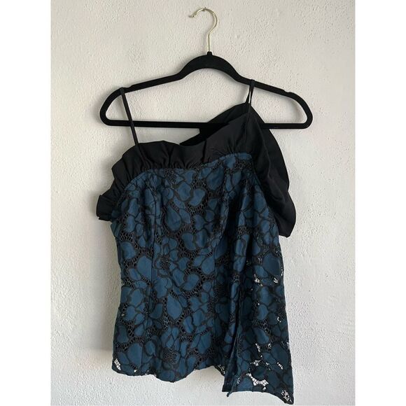 Venus 
Blue & Black Lace One Sleeve Dressy Ruffled Blouse, Size 6 - Picture 3 of 9